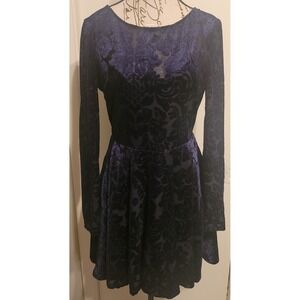 90s City Triangles Velvet Floral Blue Dress Skater Grunge Goth Dance Y2K Sz‎ 7
